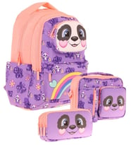 Kaukko Kids 3D Panda Şekilli Kız Çocuk Üçlü Okul Çantası Seti/Takımı - Mor Somon (L5233+L7233+L8233)