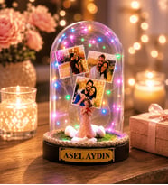 Kişiye Özel 3 Fotoğraflı Renkli LED Işıklı Şans Melekli Fanus Anlamlı Fotoğraflı ve Yazılı Hediye