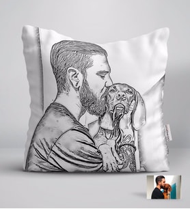 BK Gift Kişiye Özel Tam Boy Karakalem Köpek ve Erkek Karikatürlü Beyaz Yastık-1