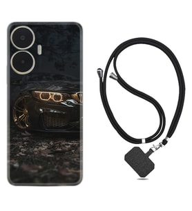 Realme C55 Kılıf Silikon Boyun Askılı İpli Desenli Silikon Black Car 1768