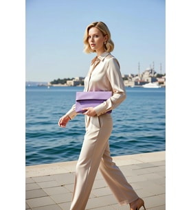 Kadın Katlanabilir Kapaklı Fermuarlı Düz Desenli Kompakt Yapılı El Çantası Clutch Modeli Aksesuar