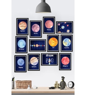 12 Parça Çerçeve Görünümlü Çocuk Odası Gezegenler Galaksi Temalı Mdf Tablo Seti (80x80 Cm)