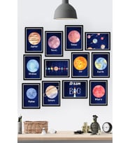 12 Parça Çerçeve Görünümlü Çocuk Odası Gezegenler Galaksi Temalı Mdf Tablo Seti (80x80 Cm)