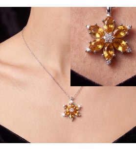 925 Ayar Gümüş Sitrin Sarısı Zirkon Taşlı Lotus Çiçeği Kolye