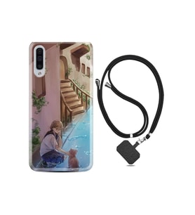 Samsung Galaxy A70 Kılıf Resimli Desenli Silikon Boyun Askılı Cat And Girl 1808