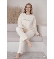 Noveya Kedi Figürlü Ekru Kışlık Peluş Kadın Pijama Takımı (Sarı-Ekru)