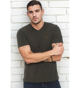 T8568 DEWBERRY V YAKA ERKEK T-SHIRT-KOYU HAKİ