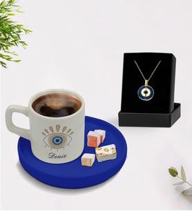BK Gift Kişiye Özel İsimli Mavi Sunum Tabaklı Türk Kahvesi Fincanı ve Açılan Nazar Kolye Hediye Seti -10