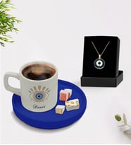 BK Gift Kişiye Özel İsimli Mavi Sunum Tabaklı Türk Kahvesi Fincanı ve Açılan Nazar Kolye Hediye Seti -10