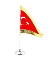 Masa Üstü Simli Türkiye Cumhuriyeti Bayrağı + Krom Direk Masa Bayrak Seti