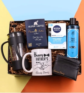 Kişiye Özel Siyah Kartlık & Father Kupa & Siyah French Press & Nıvea Tıraş Sonrası Losyon & 270ml Rebul Aqua Erkek Kolonyası & Alerya Premium Filtre Kahve Hediye Seti