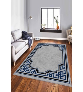 Lacivert Çerçeveli Kaymaz Tabanlı Dekoratif Halı RV090 - 100 x 160 cm