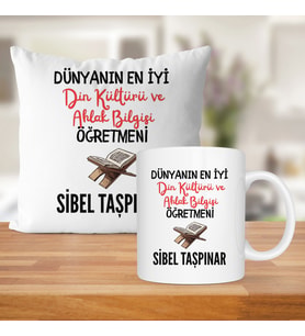 Dünyanın En İyi Din Kültürü Öğretmeni Baskılı Kişiye Özel Kupa Bardak Ve Saten Yastık