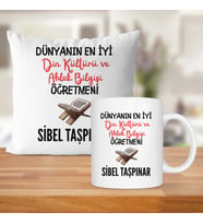 Dünyanın En İyi Din Kültürü Öğretmeni Baskılı Kişiye Özel Kupa Bardak Ve Saten Yastık