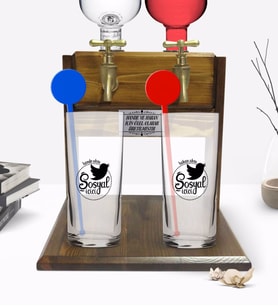 BK Gift Kişiye Özel Renkli Baskılı Sosyal İçici Tasarımlı İkili Vodka Bardağı ve Çift Musluklu Doğal Ahşap Vodka Standı-1 (Model 1)