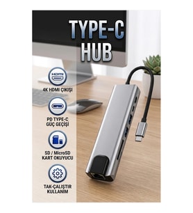 Alüminyum Gövdeli 8 Port Type-C Hub Adaptör HDMI 4K Ethernet USB 3.0 SD Kart Okuyucu