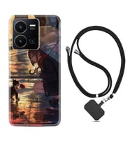 Vivo Y35 Kılıf Silikon Boyun Askılı İpli Desenli Silikon Kız ve Kedi 1762
