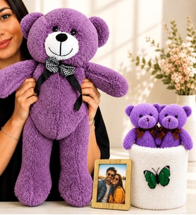 Kişiye Özel Fotoğraflı Büyük Boy Mor Peluş Ayıcık ve Peluş Saksıda Ayıcık Buketi Sevgiliye Hediye Seti