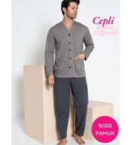 Guava Erkek V Yaka Öden Düğmeli Göğüs Cepli %100 Pamuk Uzun Kol Cepli Pijama Takımı-Dede Hastane Pijaması (Gri)