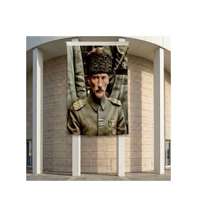 Kalpaklı Üniformalı Atatürk Poster Bayrak Premium Raşel Kumaş ATA54 2x3m