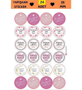 24 Adet - Renkli Handmade Love Sticker - Renkli Sticker - Paketleme Sticker - Handmade With Love (Pembe)