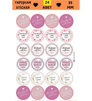 24 Adet - Renkli Handmade Love Sticker - Renkli Sticker - Paketleme Sticker - Handmade With Love (Pembe)