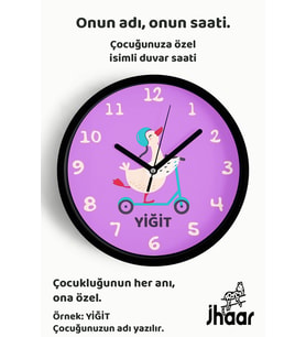 İsme Özel Scooterlı Su Kuşu Çocuk Odası Duvar Saati Orta Boy 30 cm Siyah Camlı Sessiz