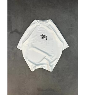 Unisex Bisiklet Yaka Baskılı Oversize T-Shirt - Beyaz