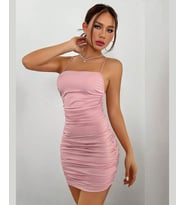 Beleng Kare Yaka Sırt Dekolteli Drapeli Mini Gecelik/Babydoll -Pudra/Siyah (Pudra)