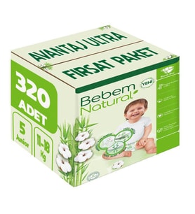Bebem Bebek Bezi Natural Beden:5 (11-18Kg) Junior 320 Adet Avantaj Ultra Fırsat Pk