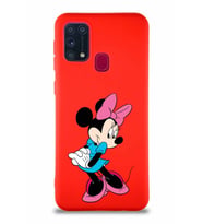 Samsung Galaxy M31 Soft Premier Kapak Minnie Mouse-F Tasarımlı Silikon Kılıf - Kırmızı (Şeffaf)