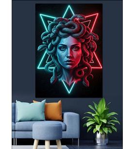 Mavi Kırmızı Neon Işıklı Medusa Portresi Dekoratif Kanvas - Mdf Ahşap Tablo
