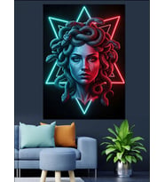 Mavi Kırmızı Neon Işıklı Medusa Portresi Dekoratif Kanvas - Mdf Ahşap Tablo