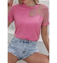Kadın Kısa Kollu Tül Detaylı Taşlı Janjan Krep Bluz (Pembe)