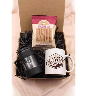 Coffe Tasarım Kupa & French Press & Colombian Taze Filtre Kahve Hediye Seti