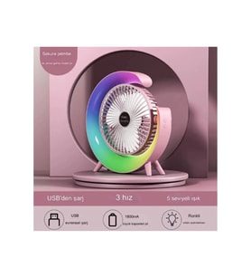 Masaüstü Vantilatör Usb Şarjlı Rgb Led Işıklı 3 Kademeli 180° Ayarlanabilir Soğutucu Fan Pembe