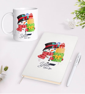 BK Gift Kişiye Özel Yılbaşı Mutlu Yıllar Tasarımlı Beyaz Defter Kalem Kupa Seti - 6