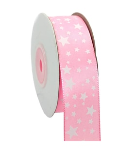Saten Kurdele, Yıldız Baskılı, 2,50 cm x 23 mt - PEMBE