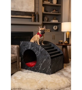 Ahşap Köpek Kulübesi Dekoratif Köpek Evi Siyah Mermer Renk Merdiven Oval Model