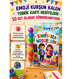 Okula Yeni Başlayan Öğrencilere Sınıfımıza Hoşgeldin Yazılı 10 Adet Hediye Seti 1. Sınıf- Sene Başı Hatırası Emoji Kurşun Kalem Tebrik Kartı Hediyeli