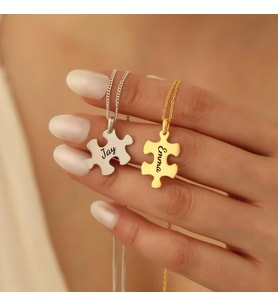 Kişiye Özel 925 Ayar Gümüş Çift Puzzle Parçası İsim Kolye (Gold) Couple Hediye