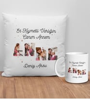 BK Gift Kişiye Özel Fotoğraflı ve Mesajlı Anne Tasarımlı Beyaz Kırlent Yastık ve Kupa Seti, Anneye Hediye, Anneler Günü Hediyeleri