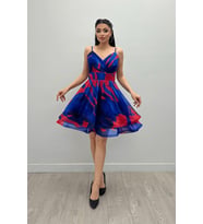 Organze Sifon Kumaş Desenli Mini Elbise - SAKS MAVİ (SAKS MAVI)
