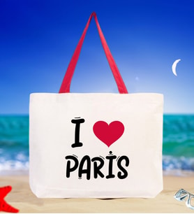 BK Gift I Love Paris Renkli Kulp Kanvas Plaj Çantası 48x40m, Baskılı Omuz Çantası, Alışveriş Çantası (Kırmızı)