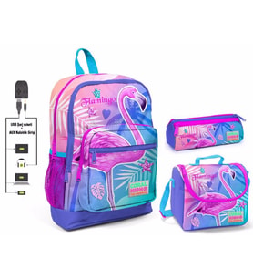 Coral High Pembe Flamingo Baskılı Kız Çocuk İlkokul Çanta Seti - USB Çıkışlı