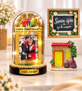 24 Kasım Öğretmenler Günü Hediyesi Fotoğraflı İsimli LED Fanus ve Magnet Seti