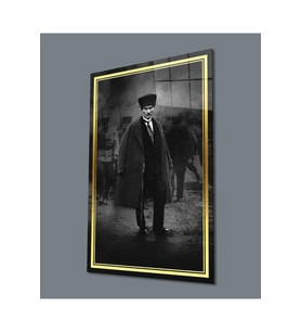 Atatürk Portre Siyah Beyaz Dikey Cam Tablo Hediyelik Büyük Tablo Ev Ofis Dekoru (Çok Renkli)
