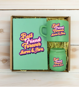 BK Gift Kişiye Özel İsimli DTF Best Friend Temalı Yeşil Defter & Kahve Fincanı & Mum Hediye Seti-3, Arkadaşa Hediye, Doğum Günü Hediyesi