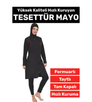 Özel Üretim Yüksek Kaliteli Konforlu Fermuarlı Taytlı Tam Kapalı Deniz Havuz Yüzücü TESETTÜR MAYO (Siyah)