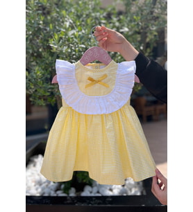 Fırfır ve Kurdele Süslemeli Pötikare Sarı Kız Çocuk Bebek Elbise